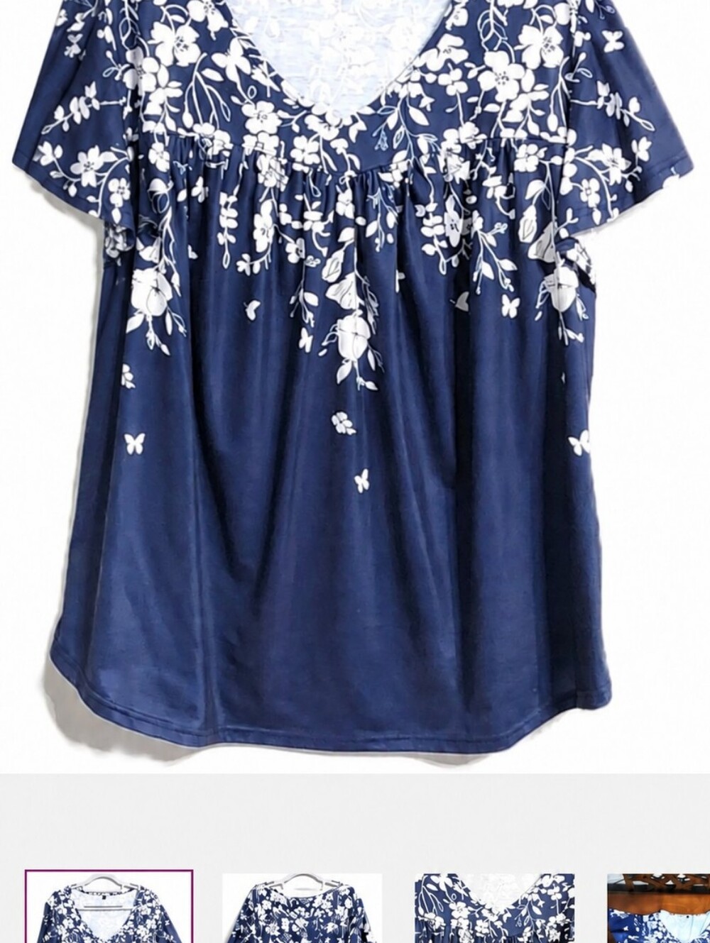 Navy Blue White Floral Women’s Plus Size 2X Flutter Sleeve V-Neck Blouse